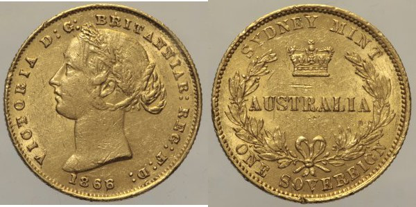 AUSTRALIA -Vittoria (1837-1901) Sovereign 1866 Sydney Fr 10 AU Oro Gold gr. 7,96...