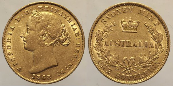 AUSTRALIA -Vittoria (1837-1901) Sovereign 1868 Sydney Fr 10 AU Oro Gold gr 7,96...