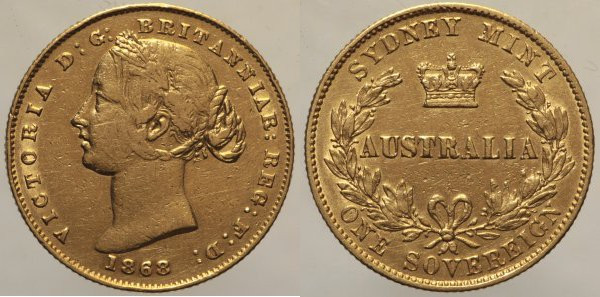 AUSTRALIA -Vittoria (1837-1901) Sovereign 1868 Sydney Fr 10 AU Oro Gold gr 7,96...