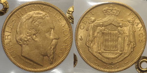 MONACO - Charles III (1856-1889) - 100 Francs 1884 Gad. 106 Au Oro Gold Periziat...