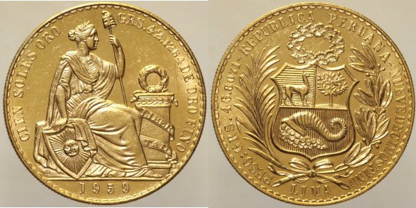 PERU' - Repubblica - 100 Soles 1959 Lima, Fr. 78 AU Oro Gold. Mintage: Only 4710...