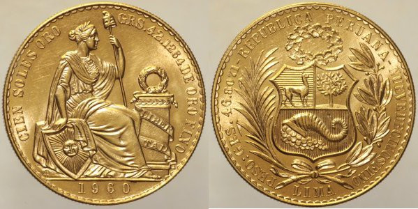 PERU' - Repubblica - 100 Soles 1960 Lima, Fr. 78 AU Oro Gold Mintage: Only 2207 ...