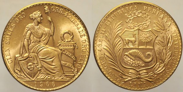 PERU' - Repubblica - 100 Soles 1966 Lima, Fr. 78 AU Oro Gold. Mintage: Only 3409...