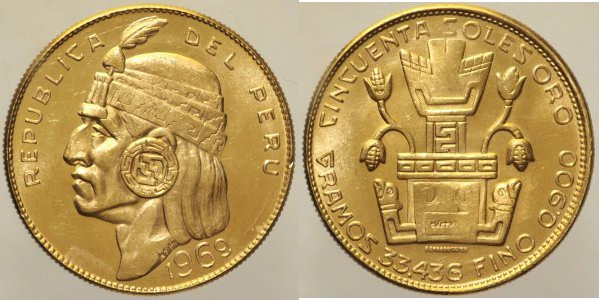 PERU' - Repubblica 50 Soles 1969 Lima “Inca” Fr 77 AU Oro Gold. Gr. 33,40 Mintag...