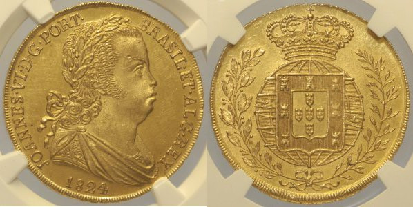 PORTUGAL - Joao VI (1816-1826) - Peca 6400 Reis 1824 Lisbona, KM364, Au Oro Gold...