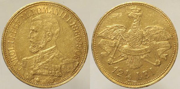 ROMANIA. Carol I (1866-1914) 12 1/2 Lei 1906, Brüssel. Schäffer/Stambuliu 63. Fr...