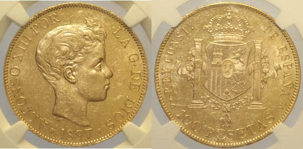 SPAGNA Alfonso XIII ( 1886-1931) 100 Pesetas 1897 (18-97) Cal119, Au Oro Gold in...