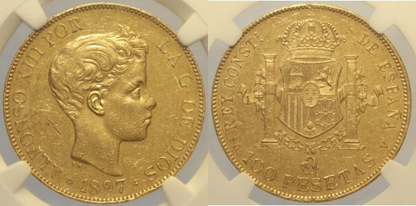 SPAGNA Alfonso XIII ( 1886-1931) 100 Pesetas 1887 (97) Cal119, Au Oro Gold, in s...