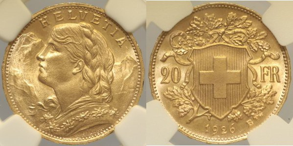 SWITZERLAND Confederation (1848 - ) 20 Francs 1926 B Berna KMFr-499; KM-35.1 AU ...