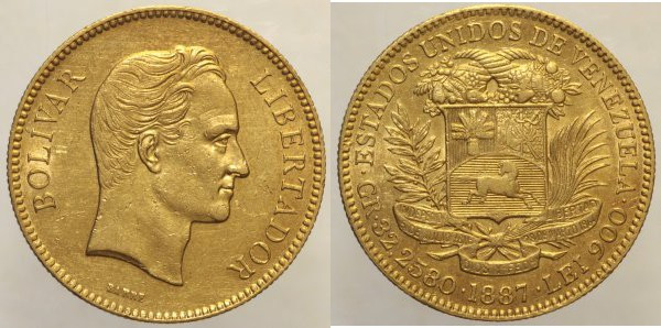 VENEZUELA Repubblica ( dal 1811) 100 Bolivares 1887 Fr. 2 AU Oro Gold gr. 32,20...