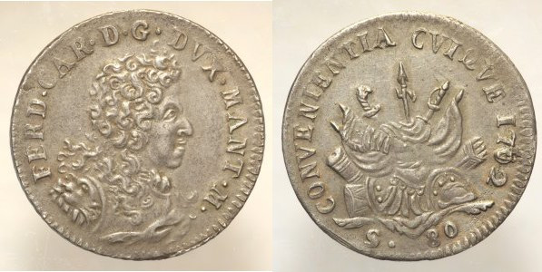 MANTOVA. Ferdinando Carlo Gonzaga Nevers 1669-1707. 80 Soldi 1702 (Ag 6,28 g). C...