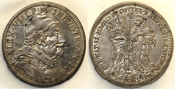 ROMA Alessandro VIII (1689-1691) Testone 1690 AN II Muntoni 14 AG gr. 9,15 Fondi...