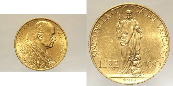 Città del Vaticano - Pio XI (1929-1938) 100 Lire 1929 Gig 1 NC Au Oro Gold gr. 8...