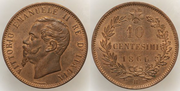 REGNO D’ITALIA VITTORIO EMANUELE II (1861-1878) - 10 Centesimi 1866 H Birmingham...