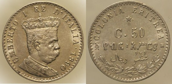 COLONIA ERITREA - UMBERTO I (1890-1896) 50 Centesimi 1890 Milano Gig 8 R AG gr. ...