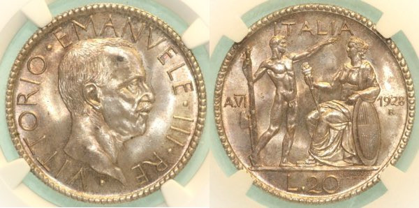 REGNO D’ITALIA VITTORIO EMANUELE III (1900-1943) 20 Lire 1928 VI Littore Roma Gi...