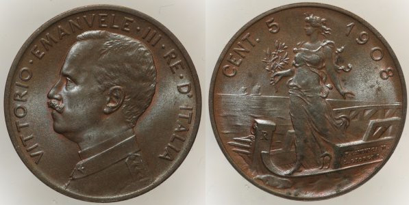 REGNO D’ITALIA - VITTORIO EMANUELE III (1900-1943) 5 Centesimi 1908, Gig.257 Cu,...