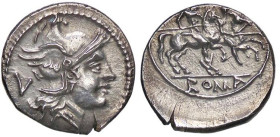 ROMANE REPUBBLICANE - ANONIME - Monete senza simboli (dopo 211 a.C.) - Quinario B. 3; Cr. 44/6 (AG g. 2,05) Decentrato al R/

Status: SPL