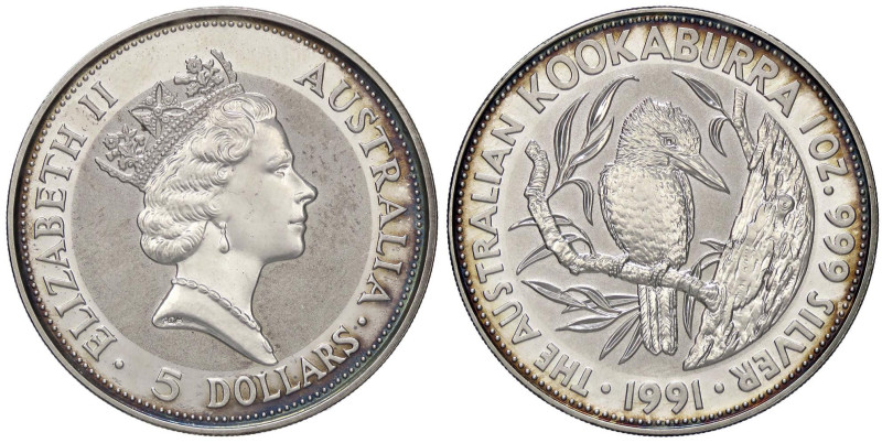 ESTERE - AUSTRALIA - Elisabetta II (1952-2022) - 5 Dollari 1991 - Kookaburra Kr....