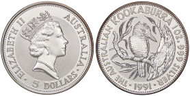 ESTERE - AUSTRALIA - Elisabetta II (1952-2022) - 5 Dollari 1991 - Kookaburra Kr. 138 AG

Status: FS