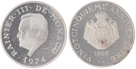 ESTERE - MONACO - Ranieri III (1949-2005) - 100 Franchi 1974 - XXV Anniversario del regno Kr. M3 AG In astuccio

Status: FS