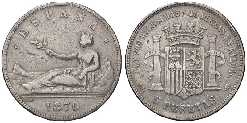 ESTERE - SPAGNA - Governo Provvisorio (1868-1871) - 5 Pesetas 1870 Kr. 655 AG Si...