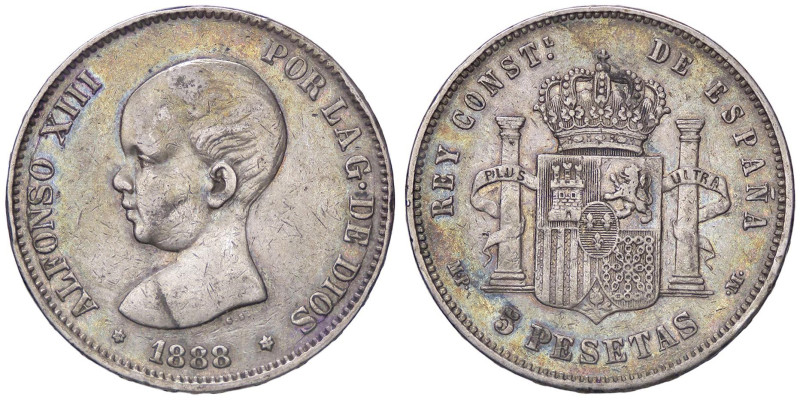 ESTERE - SPAGNA - Alfonso XIII (1886-1931) - 5 Pesetas 1888 MP M Kr. 82 AG Colpe...