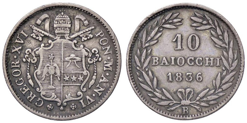 ZECCHE ITALIANE - BOLOGNA - Gregorio XVI (1831-1846) - 10 Baiocchi 1836 A. VI Pa...