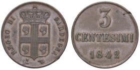 SAVOIA - Carlo Alberto (1831-1849) - 3 Centesimi 1842 T Pag. 335; Mont. 210 R CU Colpetto

Status: BB+