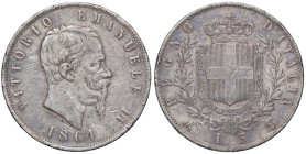 SAVOIA - Vittorio Emanuele II Re d'Italia (1861-1878) - 5 Lire 1864 N Pag. 485; Mont. 166 R AG Colpetti

Status: qBB