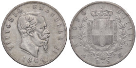 SAVOIA - Vittorio Emanuele II Re d'Italia (1861-1878) - 5 Lire 1864 N Pag. 485; Mont. 166 R AG Colpetto

Status: qBB