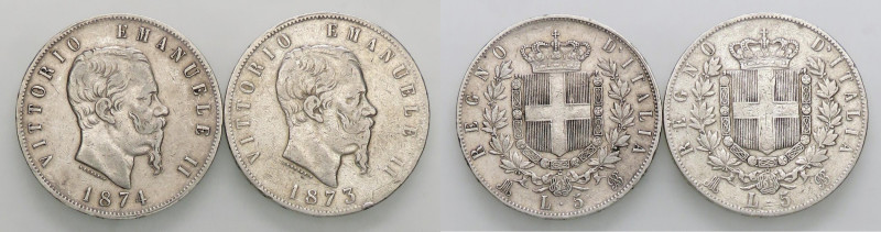 SAVOIA - Vittorio Emanuele II Re d'Italia (1861-1878) - 5 Lire 1873 e 1874 M AG ...