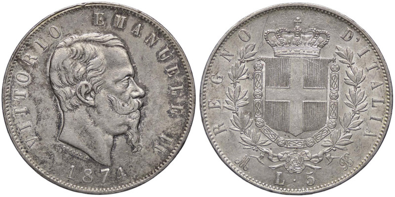 SAVOIA - Vittorio Emanuele II Re d'Italia (1861-1878) - 5 Lire 1874 M Pag. 498; ...