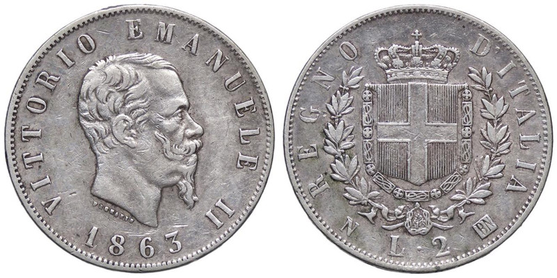 SAVOIA - Vittorio Emanuele II Re d'Italia (1861-1878) - 2 Lire 1863 T Stemma Pag...