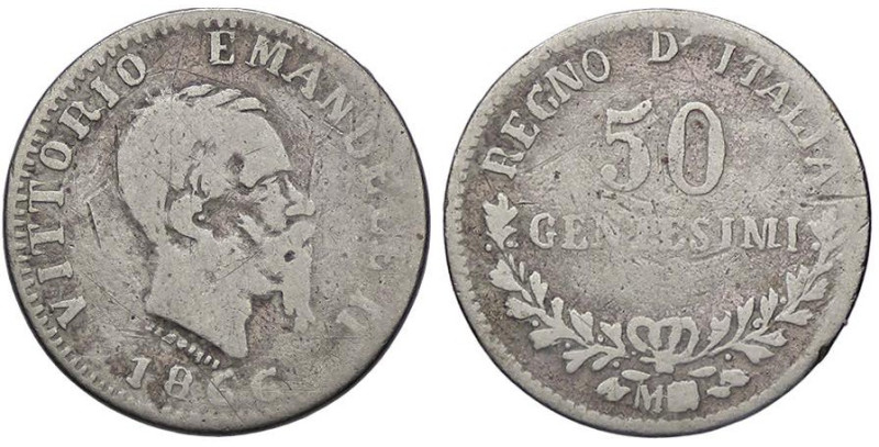 SAVOIA - Vittorio Emanuele II Re d'Italia (1861-1878) - 50 Centesimi 1866 M Valo...