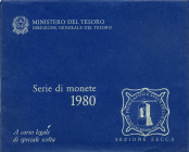 REPUBBLICA ITALIANA - Repubblica Italiana (monetazione in lire) (1946-2001) - Serie zecca 1980 Mont. 15 In confezione - 10 valori + medaglia

Status...