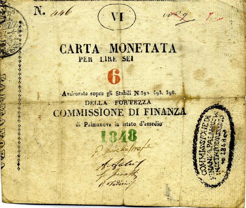 CARTAMONETA - LOMBARDO-VENETO - Assedio di Palmanova (1848) - 6 Lire 1848 Gav. 6...