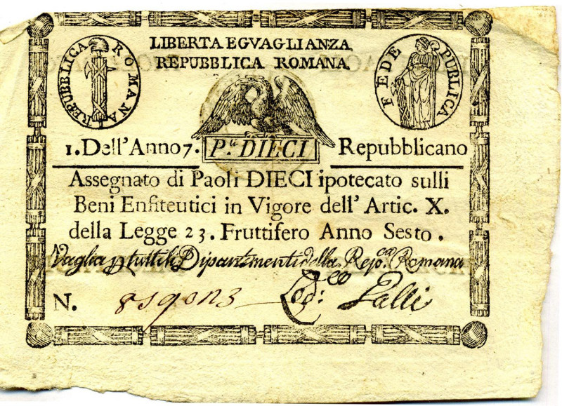 CARTAMONETA - STATO PONTIFICIO - Repubblica Romana Assegnati (1798) - 10 Paoli A...