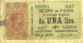 CARTAMONETA - BUONI DI CASSA - Umberto I (1878-1900) - Lira 15/09/1893 - Serie 1-30 Alfa 1; Lireuro 1A RRR Dell'Ara/Righetti

Status: MB