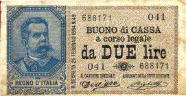 CARTAMONETA - BUONI DI CASSA - Umberto I (1878-1900) - 2 Lire 09/11/1895 - Serie 40-44 Alfa 23; Lireuro 6C RRRR Dell'Ara/Righetti Forellini da spillo ...