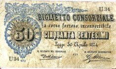CARTAMONETA - CONSORZIALI - Biglietti Consorziali - 50 Centesimi 30/04/1874 Gav. 1 R Dell'Ara/Mirone

Status: meglio di MB
