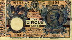 CARTAMONETA - BIGLIETTI DI STATO - Vittorio Emanuele III (1900-1943) - 5 Lire 08/11/1904 - Serie 1-900 Alfa 51; Lireuro 12A Dell'Ara/Righetti Lieve ma...