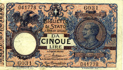 CARTAMONETA - BIGLIETTI DI STATO - Vittorio Emanuele III (1900-1943) - 5 Lire 20/12/1925 - Serie 6001-(7700) Alfa 57; Lireuro 12G RRR Maltese/Rosi Ber...