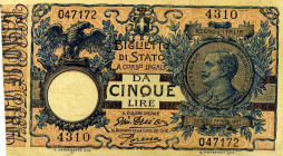 CARTAMONETA - BIGLIETTI DI STATO - Vittorio Emanuele III (1900-1943) - 5 Lire 29/07/1918 - Serie 3731-4750 Alfa 55; Lireuro 12E Giu. Dell'Ara/Porena
...