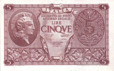 CARTAMONETA - BIGLIETTI DI STATO - Luogotenenza (1944-1946) - 5 Lire 23/11/1944 Alfa 65; Lireuro 14C Bolaffi/Cavallaro/Giovinco

Status: FDS