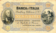 CARTAMONETA - BANCA d'ITALIA - 20 Lire Gav. pagina 286 (tipo) RRRRR Bozzetto stampato dalla Wilkinson di Londra, nella seconda metà dell'800 Taglietto...