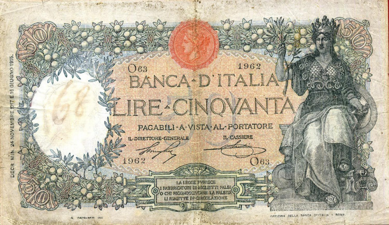 CARTAMONETA - BANCA d'ITALIA - Vittorio Emanuele III (1900-1943) - 50 Lire 24/11...