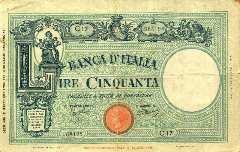 CARTAMONETA - BANCA d'ITALIA - Vittorio Emanuele III (1900-1943) - 50 Lire - Fas...