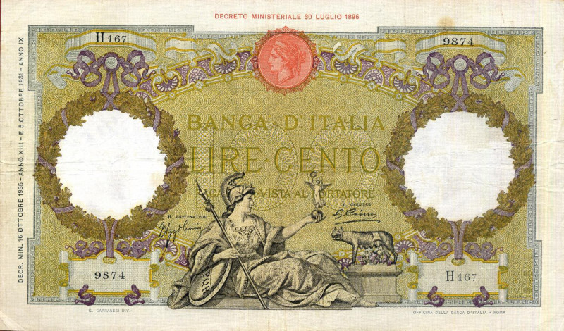 CARTAMONETA - BANCA d'ITALIA - Vittorio Emanuele III (1900-1943) - 100 Lire - Ca...