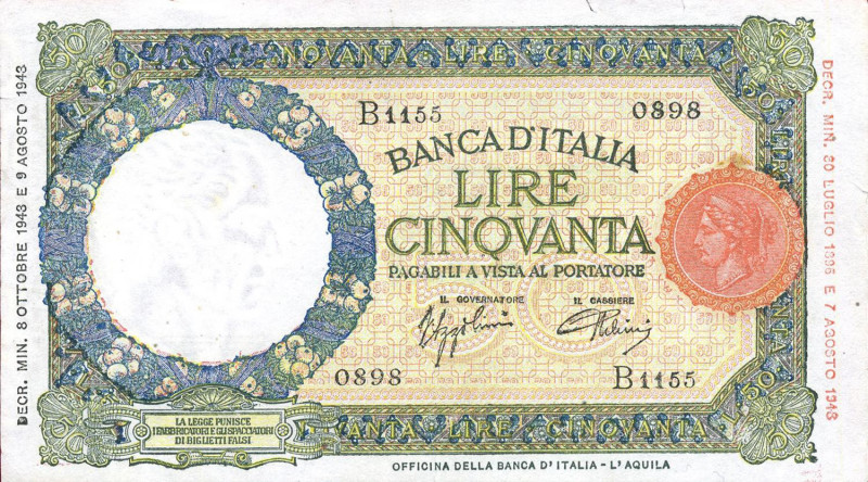 CARTAMONETA - BANCA d'ITALIA - Repubblica Sociale (1943-1945) - 50 Lire - Lupa 0...